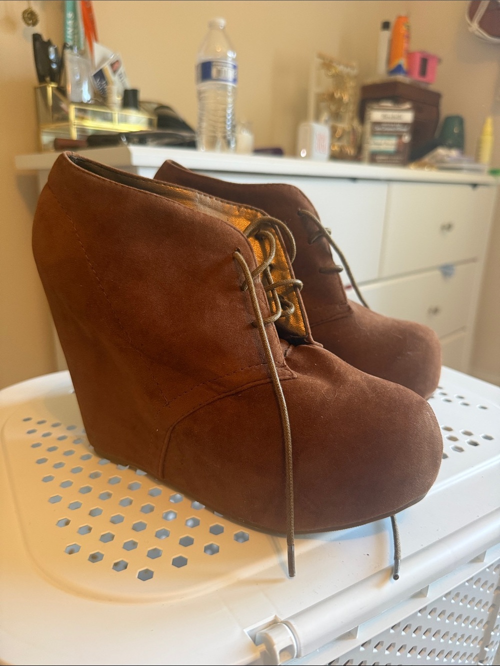 Glaze Brown Suede Lace-Up Wedge Booties